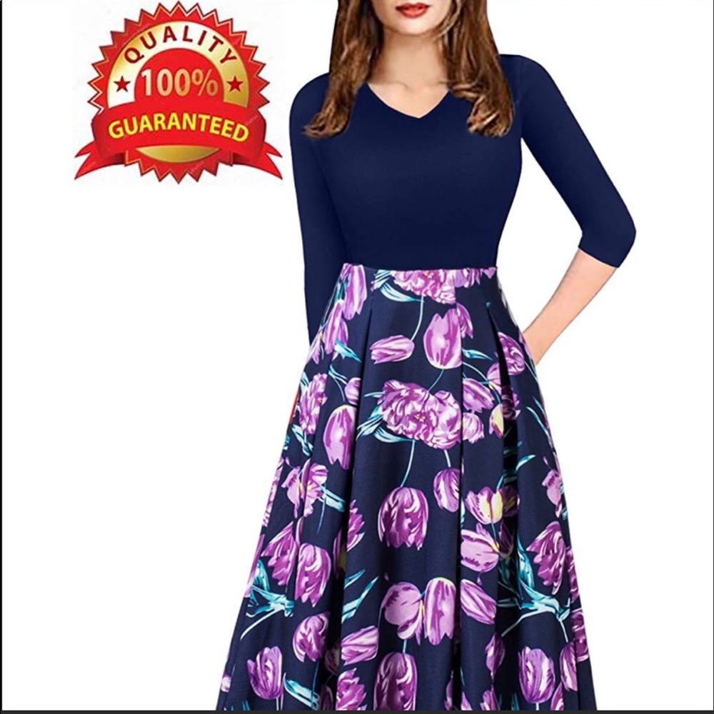 🐰👗🌷 Quarter-Sleeve V-Neck Floral Fit and Flare Dress